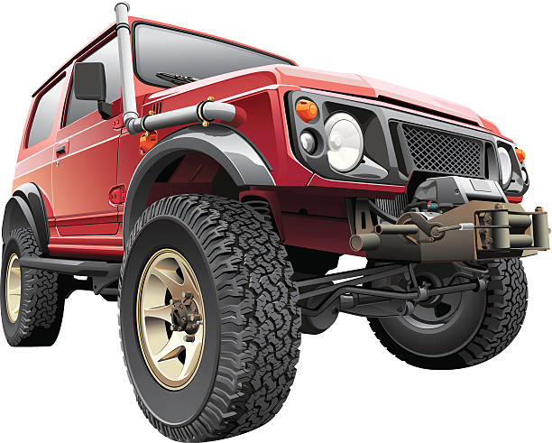 Red Rally Jeep Detailed vectorial image of red rally jeep with truck-body hoist, isolated on white background.  Easily edit: file is divided into logical layers and groups. cable winch stock illustrations