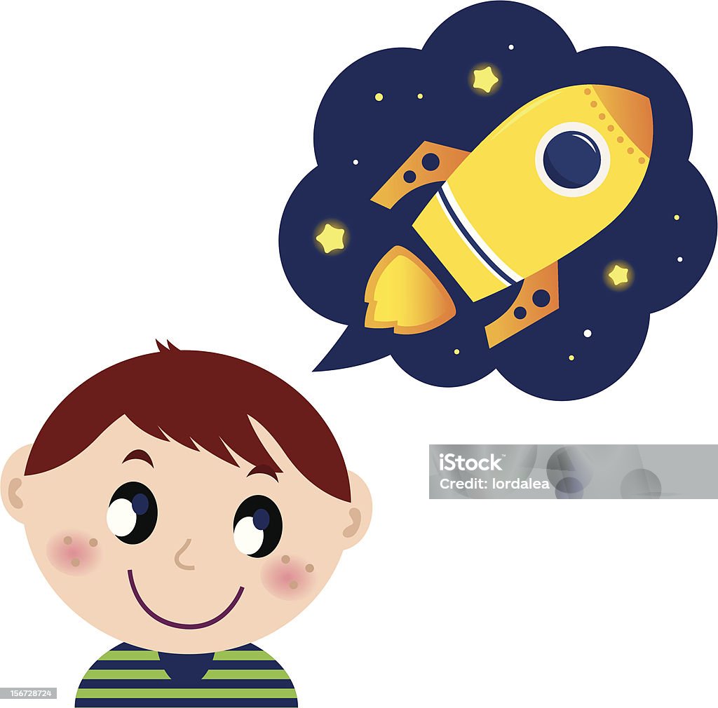 Little boy dreaming about rocket toy Cute boy dreaming about new spaceship. Vector cartoon Illustration Astronaut stock vector