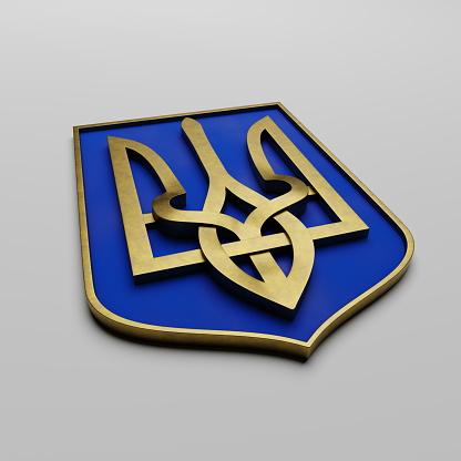 Coat of arms of Ukraine, golden trident, symbol of the state of Ukraine. 3d render