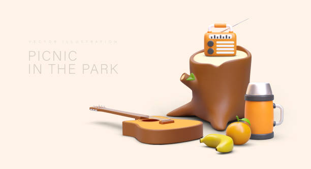 ilustrações, clipart, desenhos animados e ícones de piquenique no parque. cenário da vida turística. toco 3d, rádio, garrafa térmica, guitarra, laranja, banana - banana tree audio