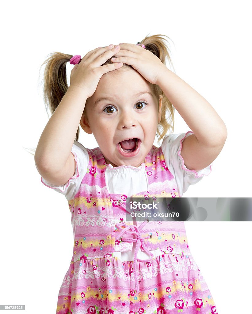 Little girl kid surprised with hands on her head isolated Little girl kid surprised with hands on her head isolated on white background Awe Stock Photo