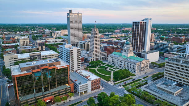 istock 1st Source Bank and Allen County Courthouse blue hour sunrise aerial 1567301907