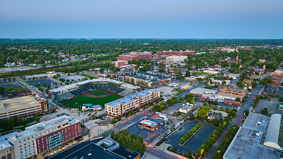 Image of Aerial baseball diamond Fort Wayne Tin Caps Parkview Field cityscape city, town, and train