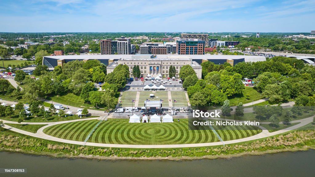 Aerial COSI with manicured green lawn of Lower Scioto Greenway with river Image of Aerial COSI with manicured green lawn of Lower Scioto Greenway with river Columbus - Ohio Stock Photo