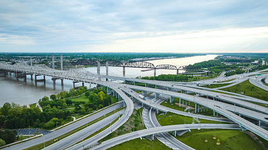 Image of Aerial crisscrossing highway system in Louisville Kentucky leading to bridges over Ohio River