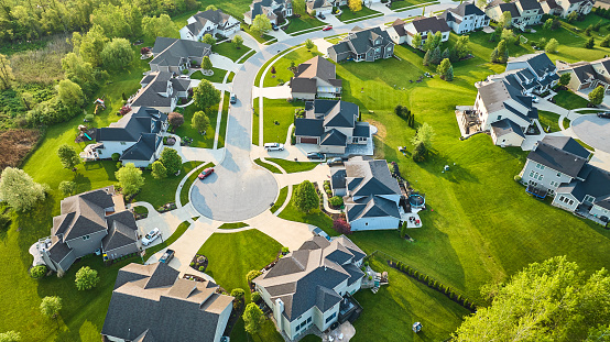 Image of Aerial cul-de-sac of rich mini mansion homes in rich neighborhood