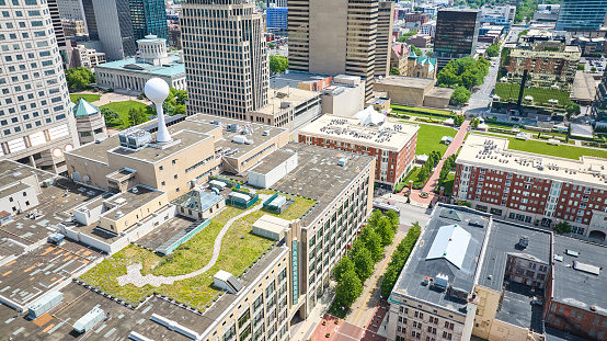 Image of Aerial living roof downtown Columbus Ohio with apartments and skyscrapers