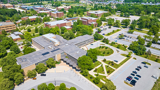 Image of Aerial on bright summer day of Kettler Hall to Rhinehart Music Center on PFW college campus