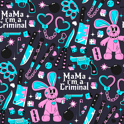 Y2k, 90s neon seamless pattern. Funny gangster rabbit with gun and criminal objects. Vector background in pink, blue and black colors. Cartoon retro style