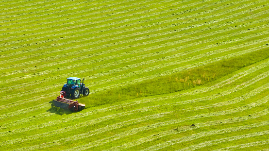 Image of Aerial tractor mowing grass field with neat rows of owed grasses background asset