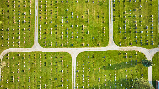 Image of Aerial tombstones in graveyard with white gravel paths green grass one lone tree