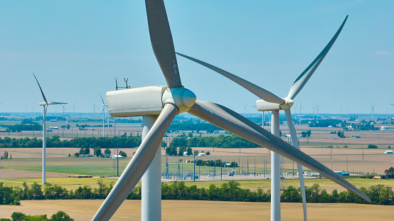 Image of Aerial wind farm in farmland with close up of two wind turbines