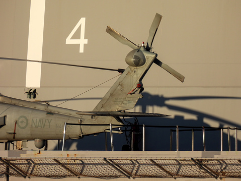 Australian Navy ship in the port, background with copy space, full frame horizontal composition