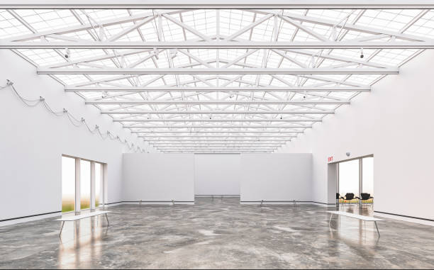 empty white large gallery / showroom interior with ceiling industrial construction and windows - art museum museum architecture bench imagens e fotografias de stock