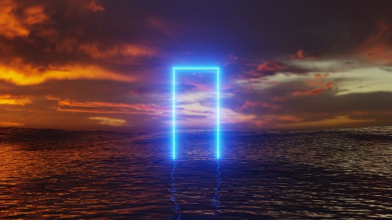 This 3D rendering depicts an ocean scene with square neon lights and a dark sky. The calm digital spaces created by the neon lights are a striking contrast to the turbulent ocean.