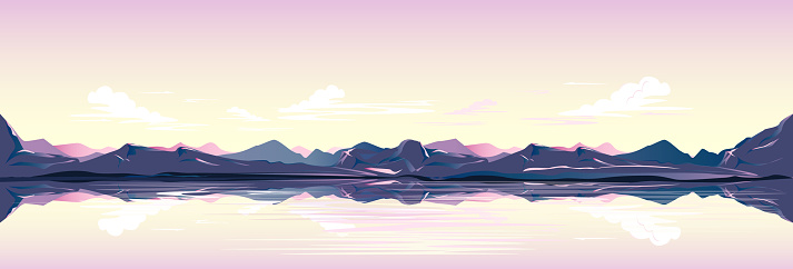 reflective lake, mountains and warm sky with clouds. vector illustration. Japanese style.
