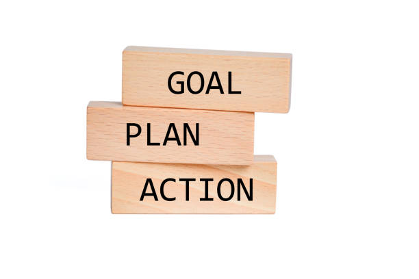 Goal Plan Actions words on a wooden blocks stock photo