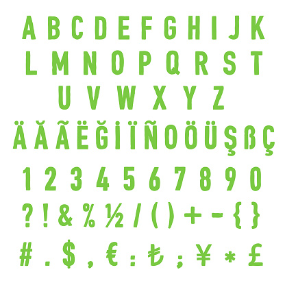 Alphabet, Numbers, Currency Signs and Punctuation Mark in Sketches Style Hand writing font.