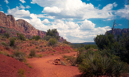 Desert landscape on hiking trail with orange rock blue sky and clouds
