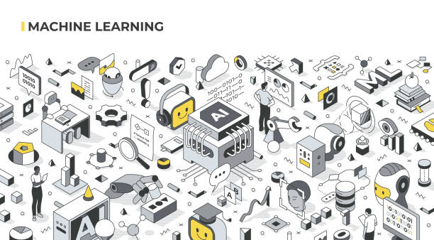 machine learning izometrikus szemléltetés - gépi tanulás témájú stock illusztrációk