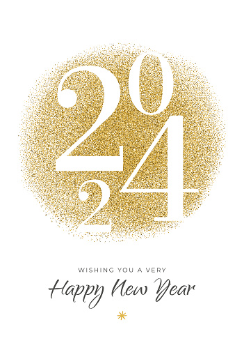 2023 - New Year's Day card with golden glitter. White background. Stock illustration