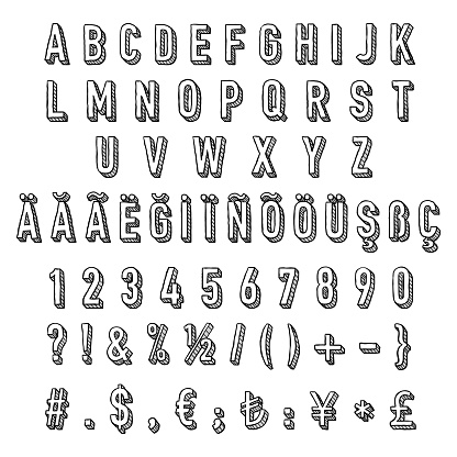 Three Dimensional Alphabet, Numbers, Currency Signs and Punctuation Mark in Sketches Style Hand writing font.