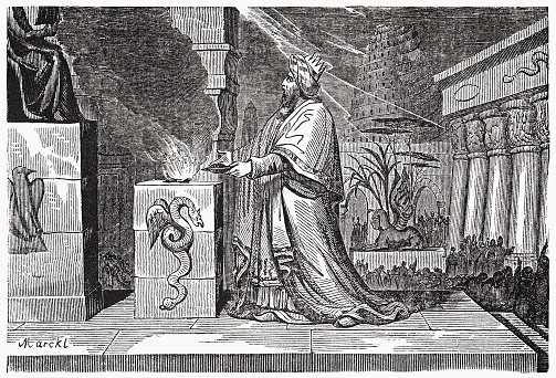 The Israelite king Ahaz sacrifices in the temple on a pagan altar which he had previously replaced with Solomon's original burnt offering altar (2 Kings 16). Wood engraving, published in 1835.