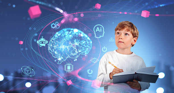 istock Boy taking notes, digital AI brain hologram with icons and data 1567376099