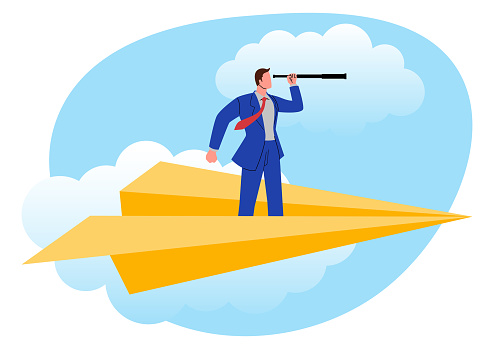 Business concept clip art of businessman using telescope on paper plane, opportunity, vision in business