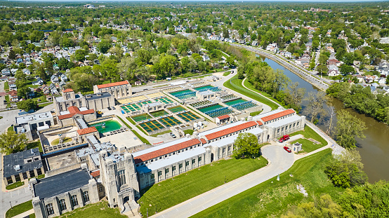 Image of Downtown Fort Wayne water treatment plant aerial neighborhood housing in background landscape