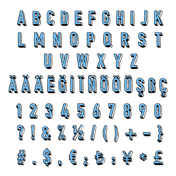 Three Dimensional Art AlphabetLetters, Numbers, Currency Signs and Punctuation Mark Dots Fonts Art AlphabetLetters, Numbers, Currency Signs and Punctuation Mark in Sketches Style Hand writing font. calligraphy alphabet styles drawing stock illustrations