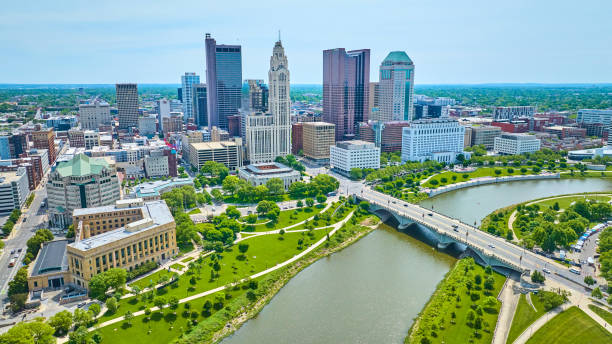 istock Drone view downtown Columbus Ohio over Scioto River with bridge and distant skyscrapers 1567379853