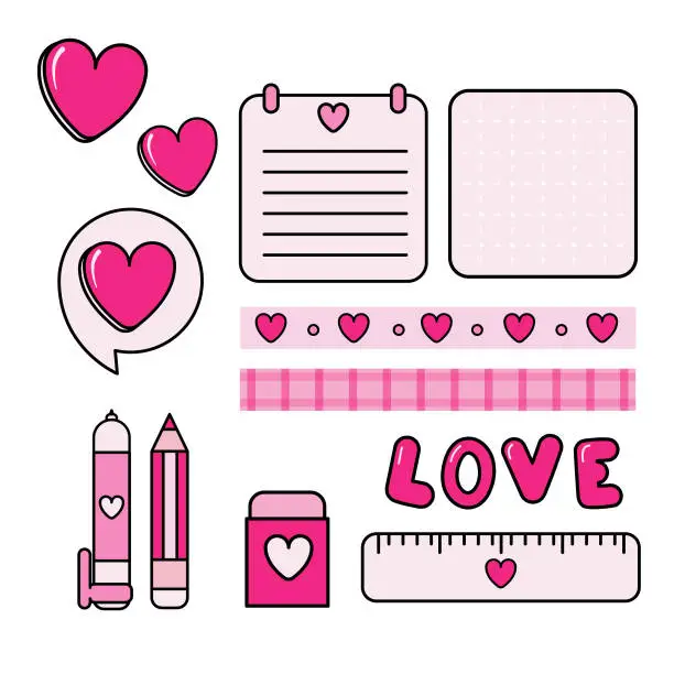 Vector illustration of Set of stationery with pink color theme.