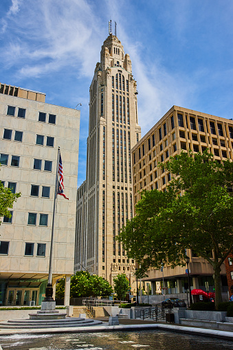 Image of Fountain with American and Ohio flags and LeVeque Tower in background