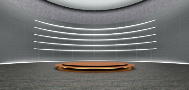 istock Arc shaped stage. Arc dome Great hall. Neon lights and lasers Circular room Circular podium Modern scene 3d illustration 1567392500
