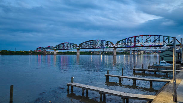 istock Gorgeous deep blue sunset over piers on large water Ohio River aerial distant truss bridge 1567394297