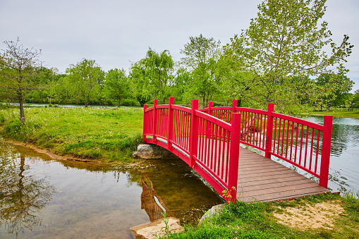 Image of Gorgeous fire engine red walking bridge onto green island over stream leading to pond and geese