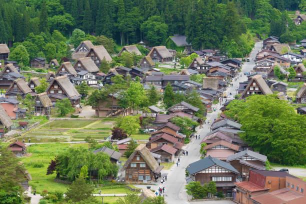 idyllic landscape of historical village of Shirakawa-go in Japan stock photo