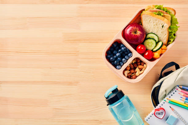 istock Lunchbox with sandwich, fruit, vegetables, nuts, bottle of water, school backpack with supplies on the wooden table. View from above 1567413641