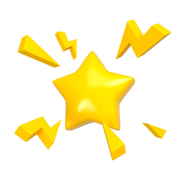 Cartoon yellow star with thunder bolt isolated. Flash lightning on award or rate concept. 3d rendering.