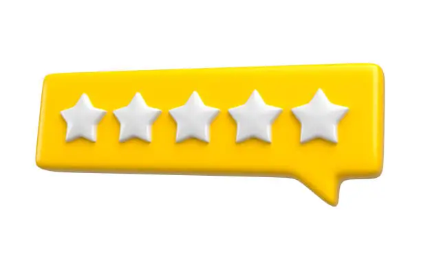 Photo of Comment yellow bubble review icon isolated. Cartoon message five stars concept of rate or feedback. 3d rendering.