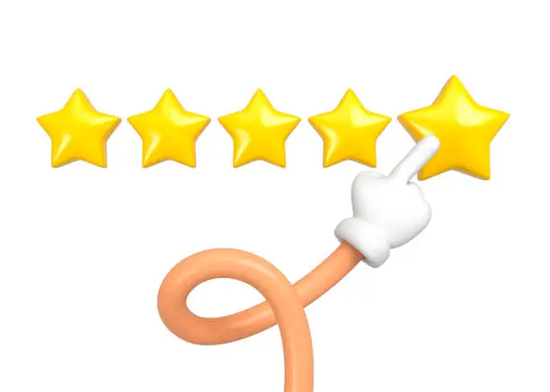 Photo of Emoji flexible twisted hand tapping star isolated. Close up yellow five stars choose. Feedback or evaluation mark. Best reward. 3d rendering.