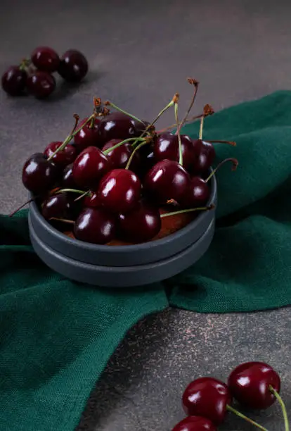Photo of Black cherries on a gray plate