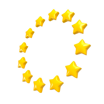 Circle of twelve golden european stars isolated. European Union flag concept. 3d rendering.