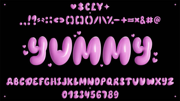 ilustracja wektorowa - 3d pink bubble typeface design. modna czcionka z błyszczącym efektem plastiku. zestaw zawiera: alfabet, liczbę, znak interpunkcyjny, symbol waluty, naklejkę. - vector alphabet label three dimensional shape stock illustrations