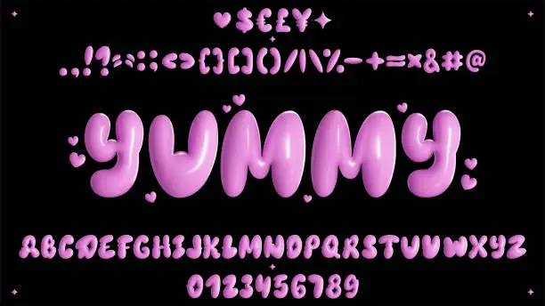 Vector illustration of Vector illustration - 3D Pink Bubble Typeface Design. Trendy font with glossy plastic effect. Set includes: Alphabet, Number, Punctuation Mark, Currency Symbol, Sticker.