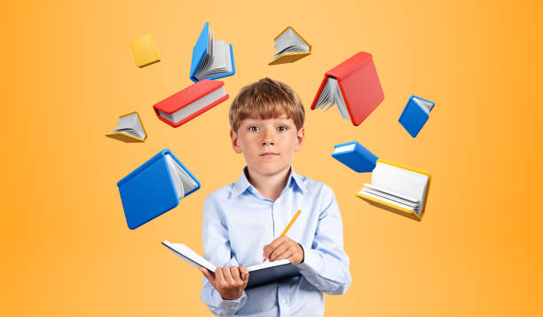 istock Kid take notes, learning with colorful books flying on yellow background 1567420250