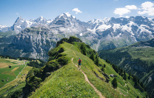 Trail runner ascends alpine path in Swiss mountain landscape Distant Swiss alps and lake distant, Kandersteg, Bern mountain trails stock pictures, royalty-free photos & images