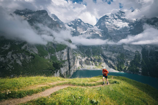 Distant Swiss alps and lake distant, Kandersteg, Bern