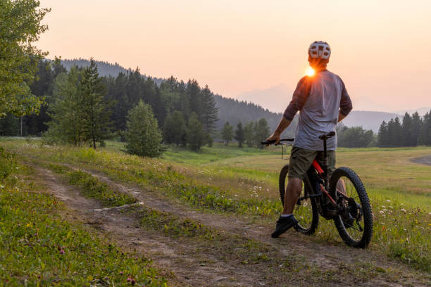 istock Senior male mountain biker pauses beside pathway 1567427401